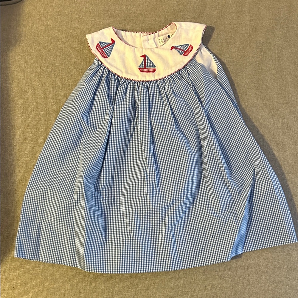Petit Ami Blue and White Gingham Kids Dress with Sailboat Embroidery Design